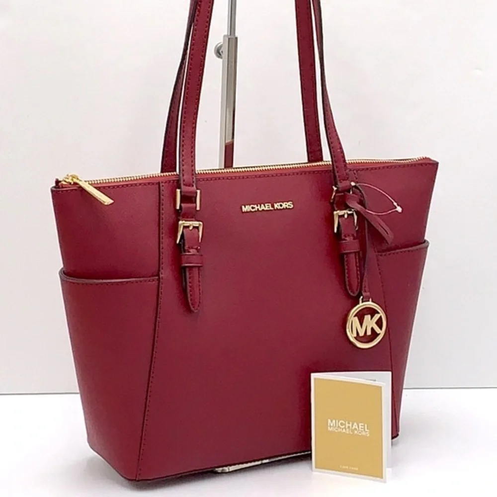 NWT MICHAEL KORS CHARLOTTE LARGE TOP ZIP TOTE BAG Dark Cherry COLOR NWT - Picture 1 of 16